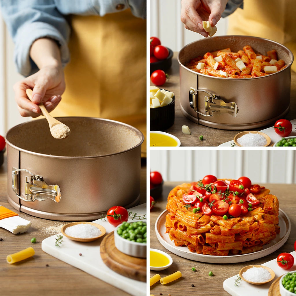 Decora springform i rosegull 0070114 i bruk, med ovnsbakt pasta