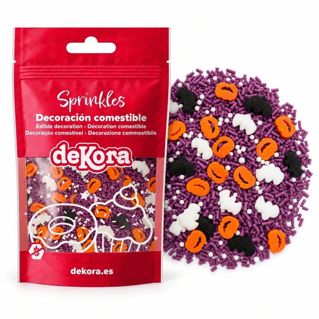deKora Enchanted Night Halloween kakestrøssel, 100 g, pakning med nærbilde av gresskar, flaggermus og spøkelser