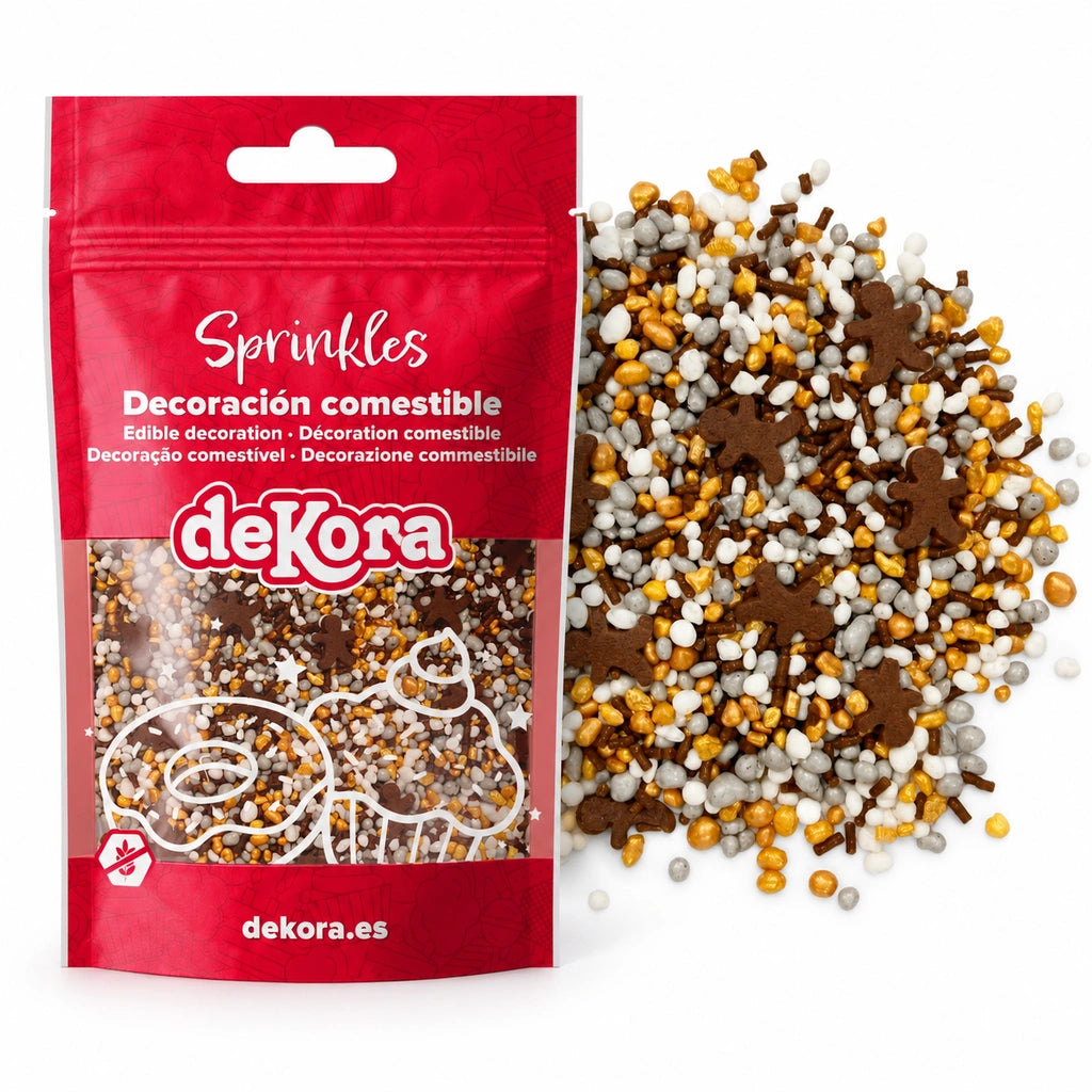 deKora Ginger Glow kakestrøssel, 100 g, pakning med nærbilde av strøsselet