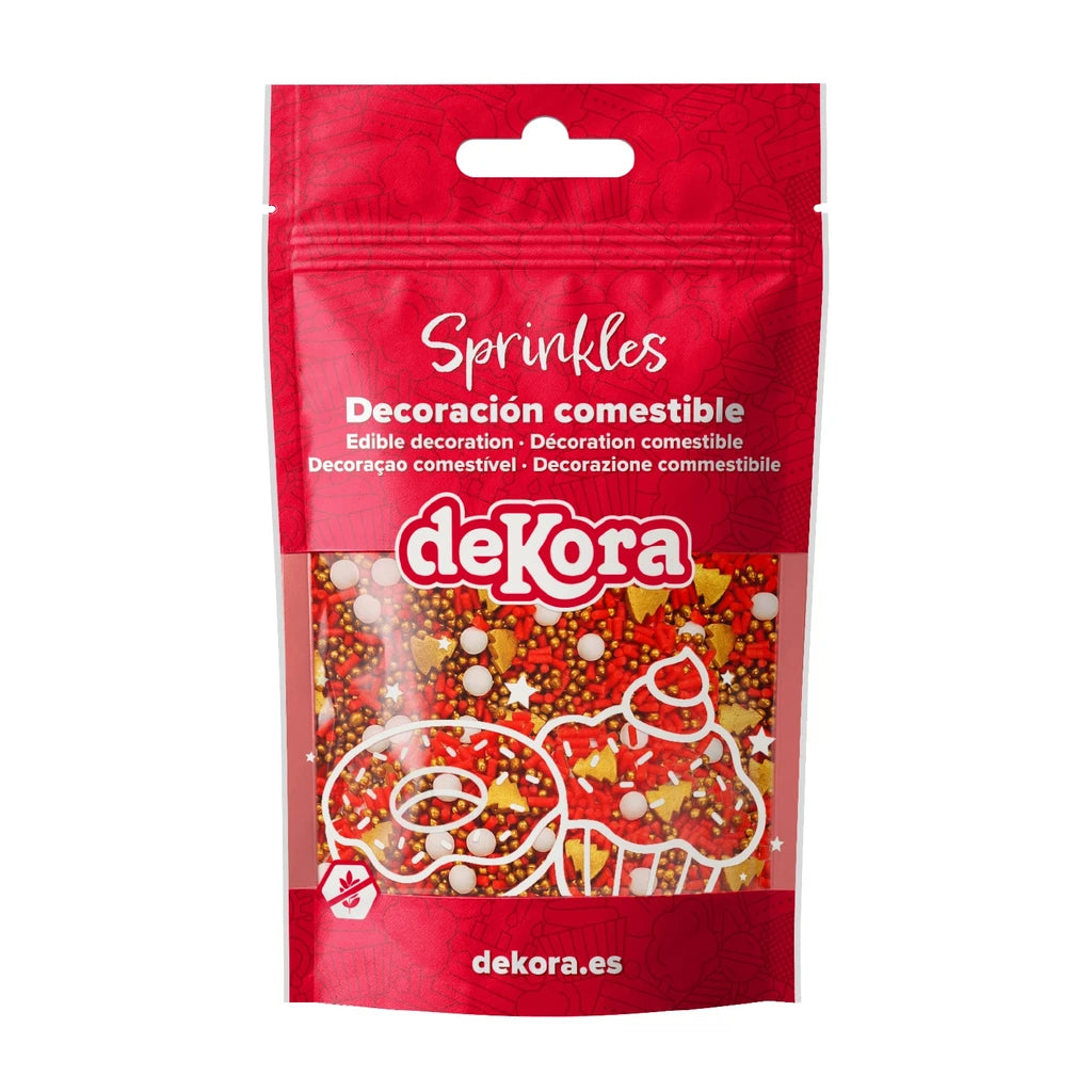 deKora Santa's Magic kakestrøssel med gylne juletrær og perler, 100 g, produkt og innhold