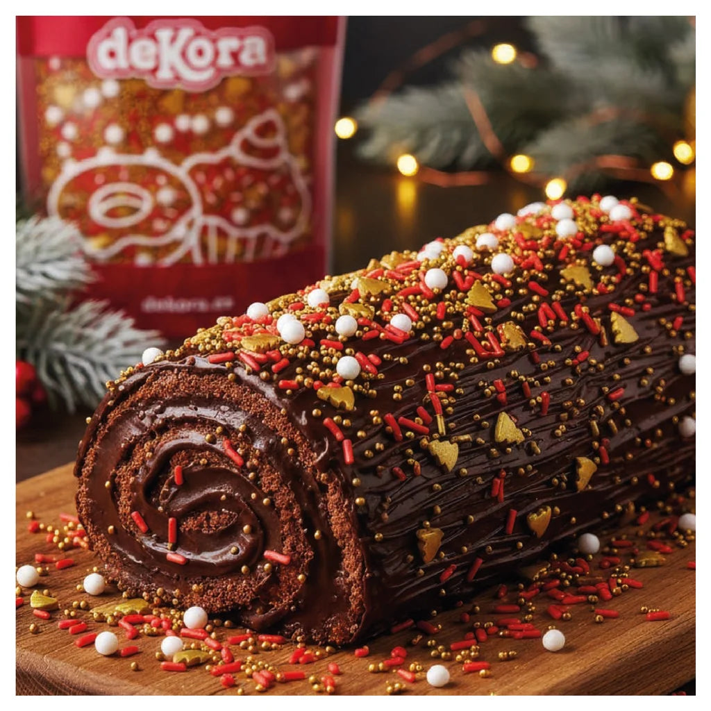 deKora Santa's Magic kakestrøssel med gylne juletrær og perler, 100 g, pakning med mål