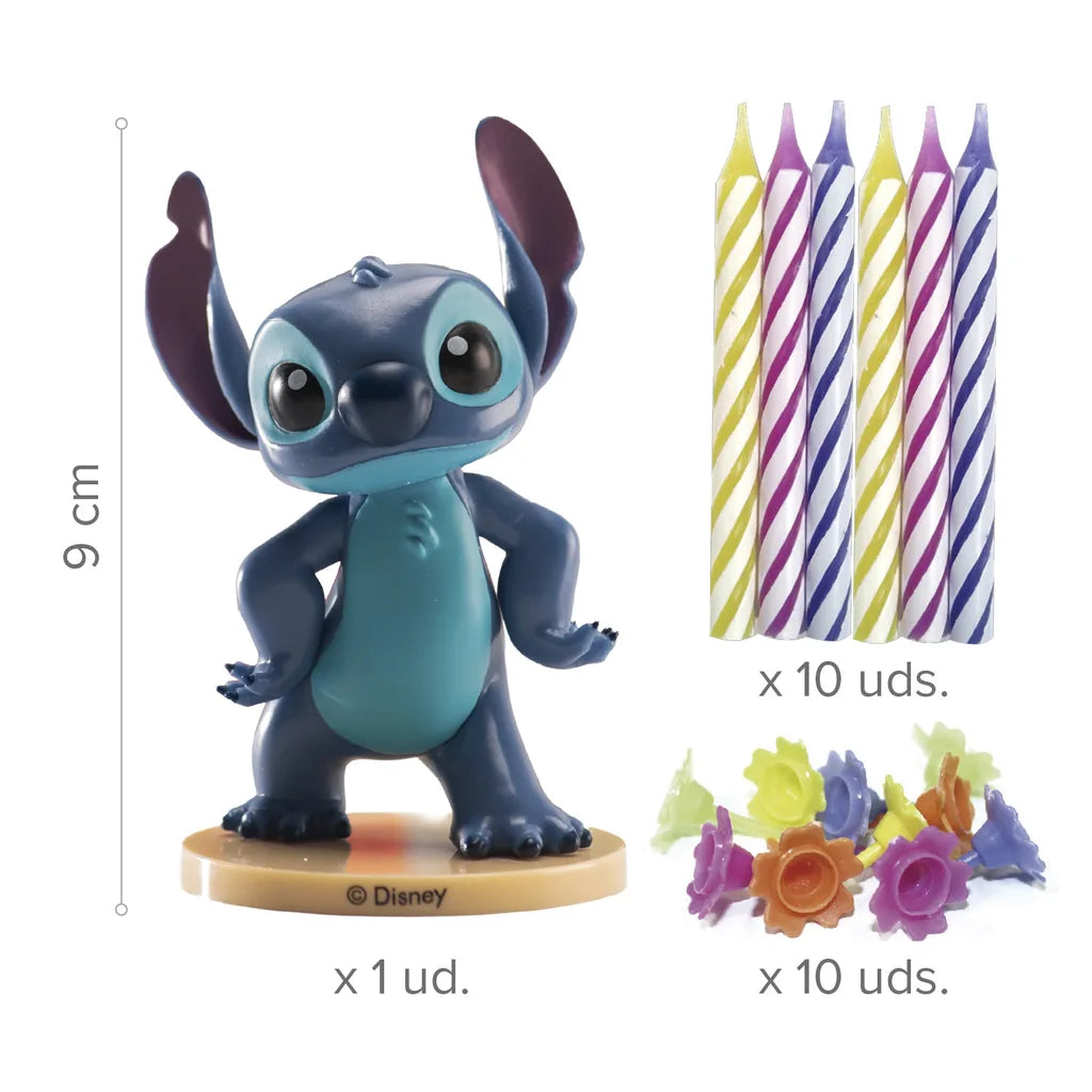 Stitch-kaketopp, 9 cm, med 10 kakelys og 10 lysholdere