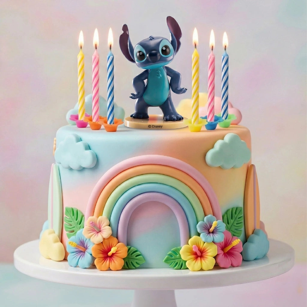 deKora Stitch-kaketopp og kakelys på bursdagskake med regnbue og blomster