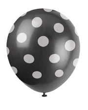 Svarte ballonger med hvite prikker, 6 stk