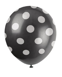 Svarte ballonger med hvite prikker, 6 stk