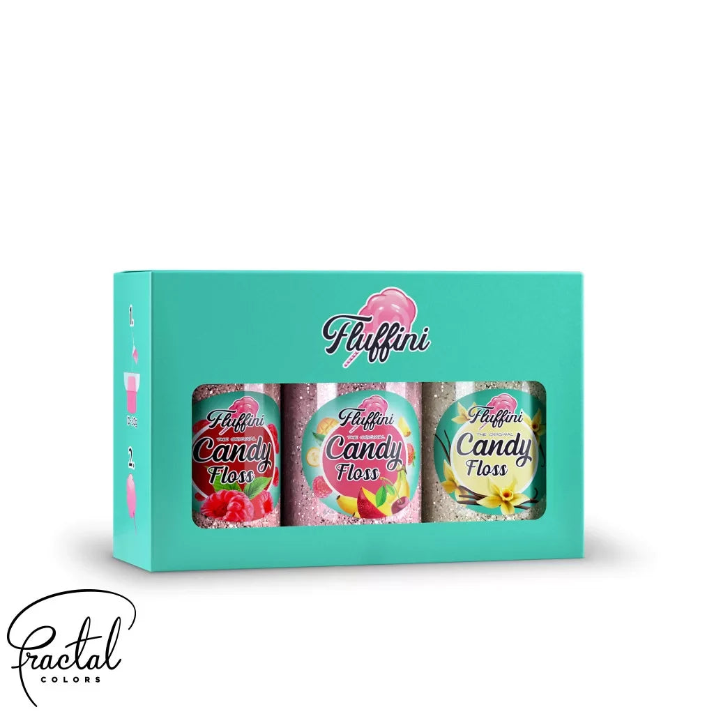 Fluffini sukkerspinn 3-pakning med smakene bringebær, tutti-frutti og vanilje