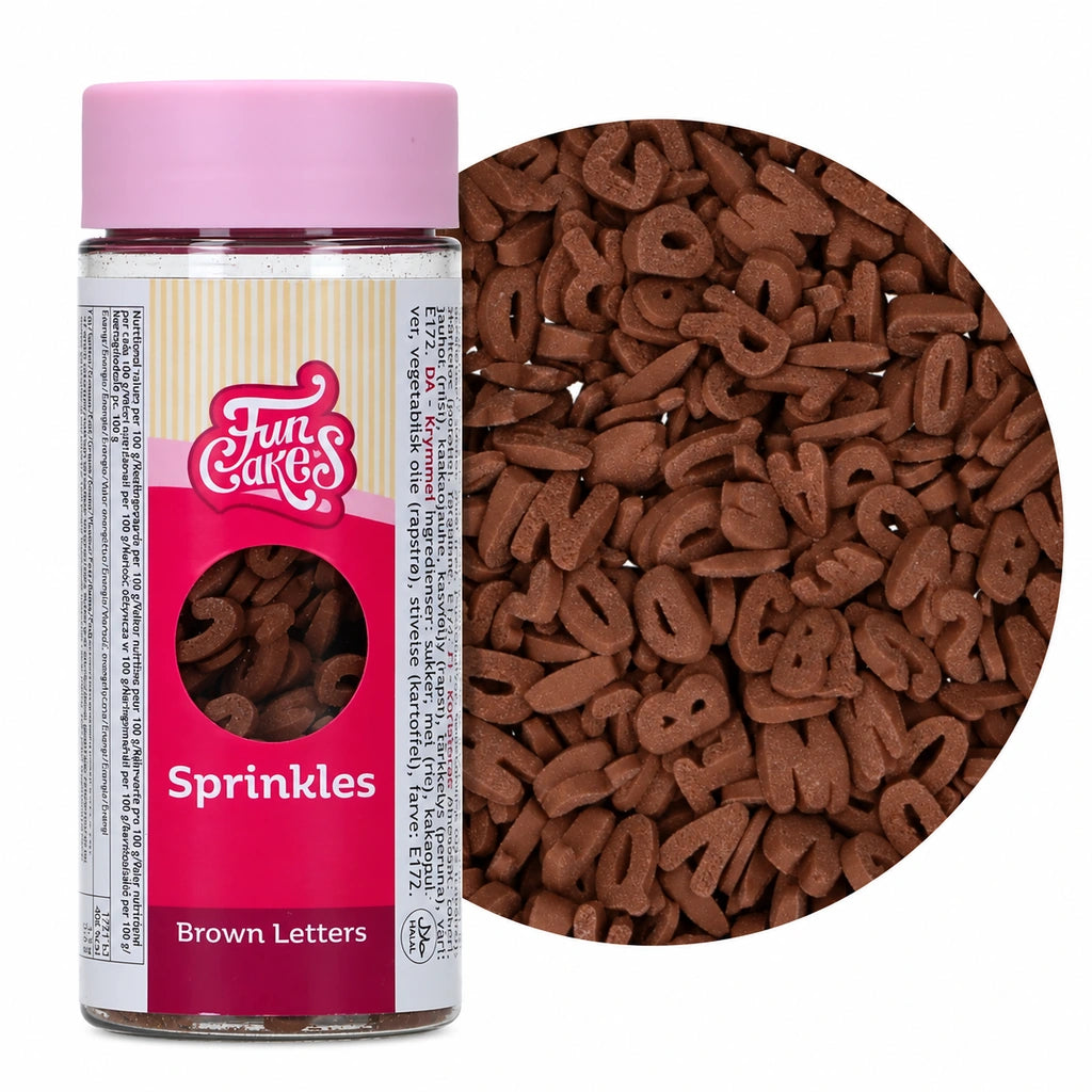 FunCakes brune spiselige bokstaver, boks og nærbilde av strøsselet