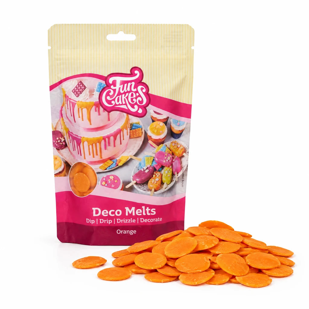 FunCakes Deco Melts Appelsinsmak 250g – forpakning med en haug flate Deco Melts foran