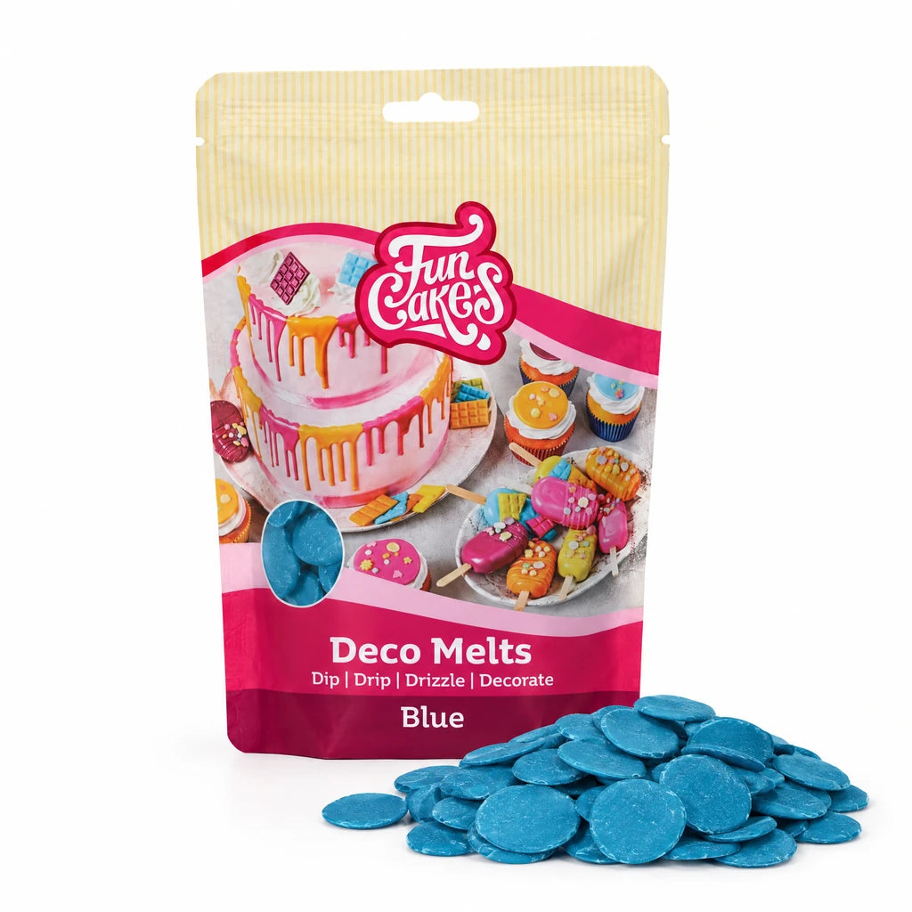 FunCakes Deco Melts -Blå- 250g – forpakning med en haug flate Deco Melts foran
