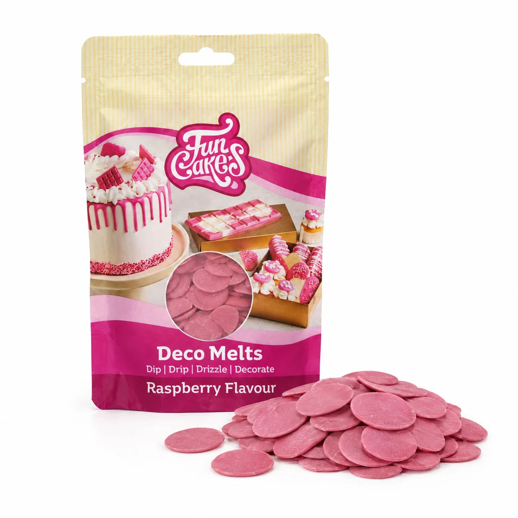FunCakes Deco Melts Bringebærsmak 250g – forpakning med en haug flate Deco Melts foran
