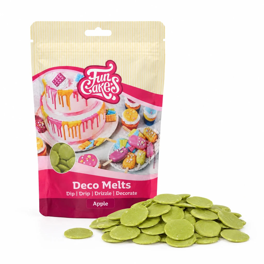 FunCakes Deco Melts Eplesmak 250g – forpakning med en haug flate Deco Melts foran