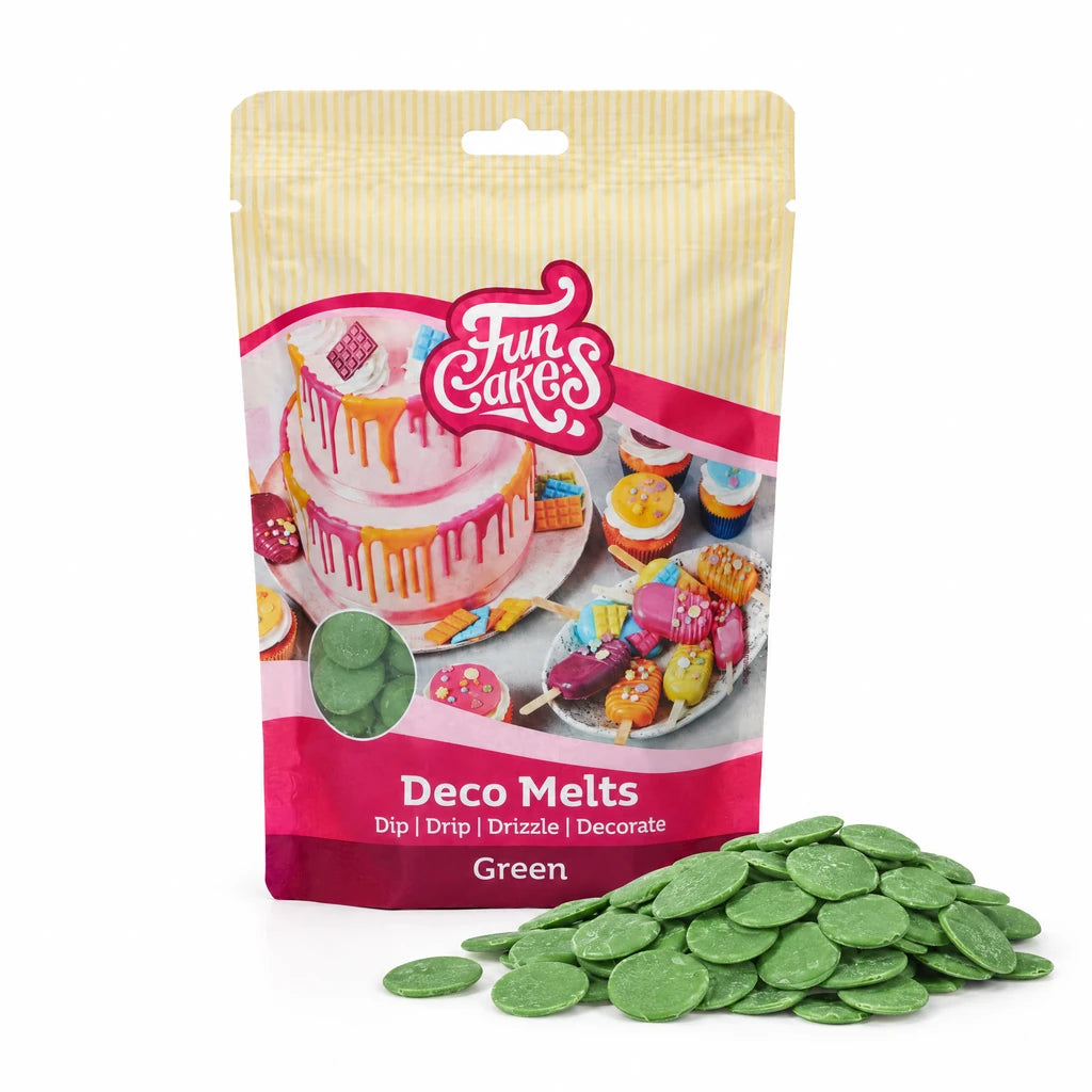 FunCakes Deco Melts -Grønn-, med smak av matcha, 250g – forpakning med en haug flate Deco Melts foran