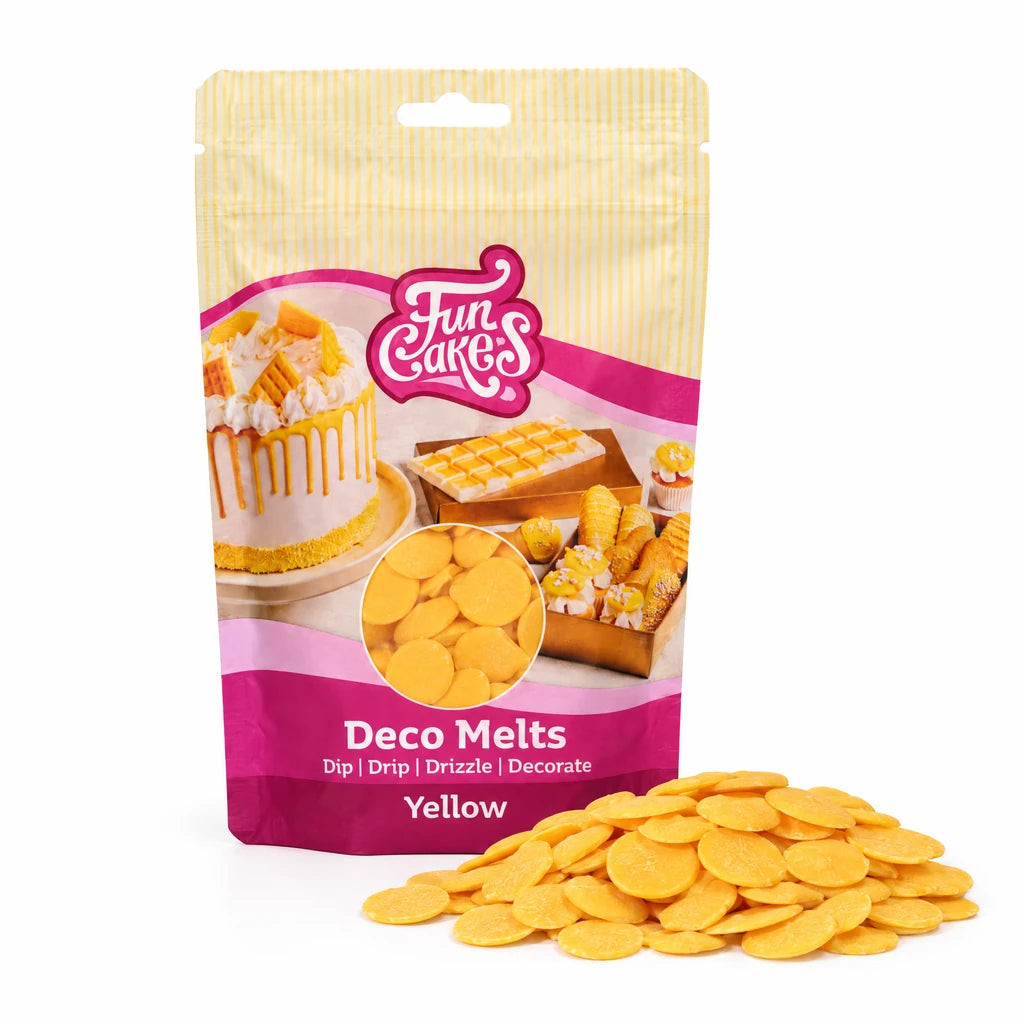 FunCakes Deco Melts -Gul- 250g – forpakning med en haug flate Deco Melts foran