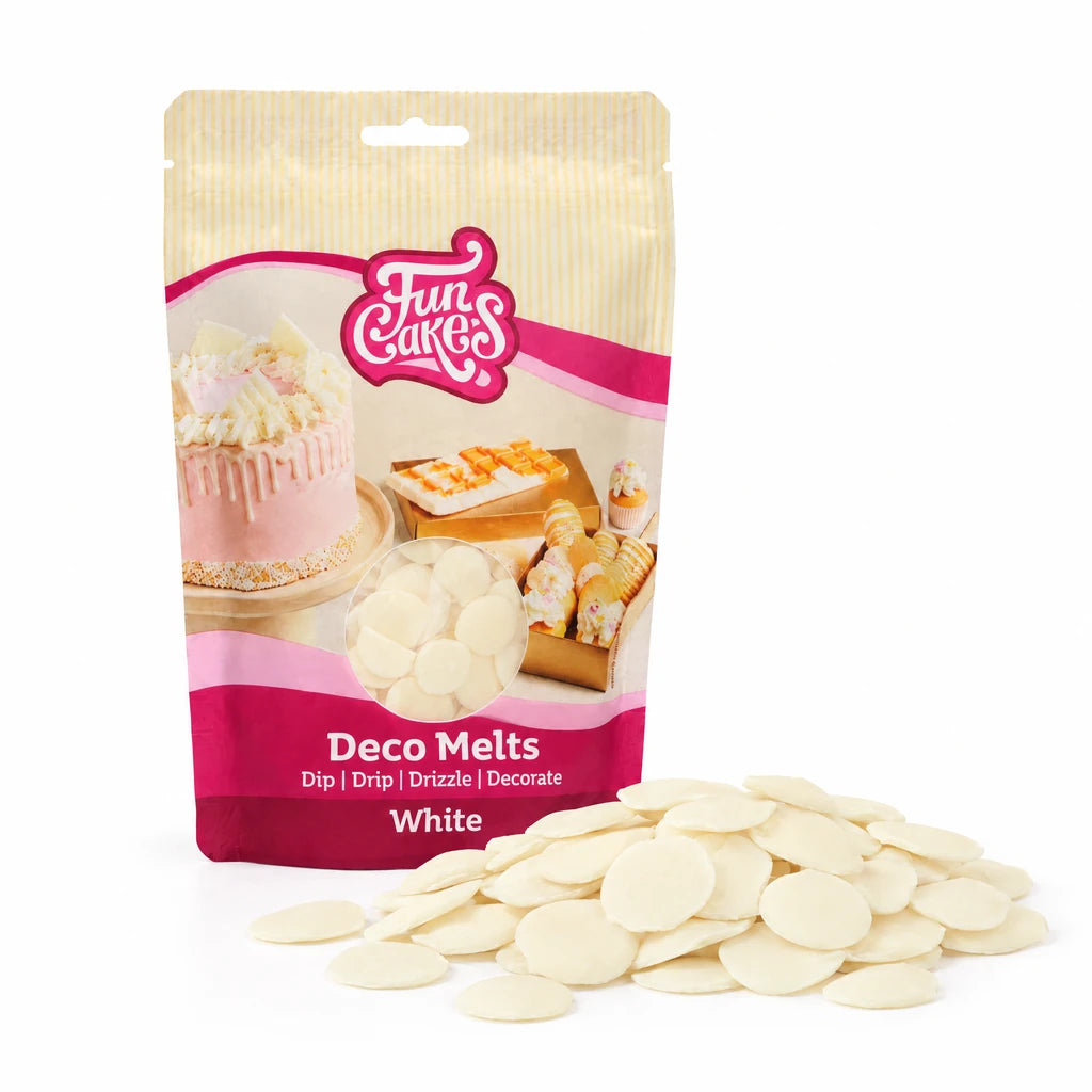 FunCakes Deco Melts -Hvit- 250g – forpakning med en haug flate Deco Melts foran