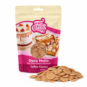 FunCakes Deco Melts Karamell 250g – forpakning med en haug flate Deco Melts foran