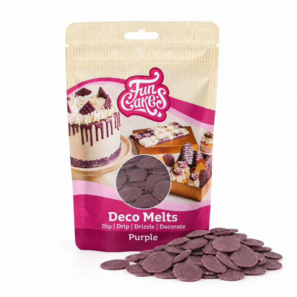 FunCakes Deco Melts -Lilla- 250g – forpakning med en haug flate Deco Melts foran