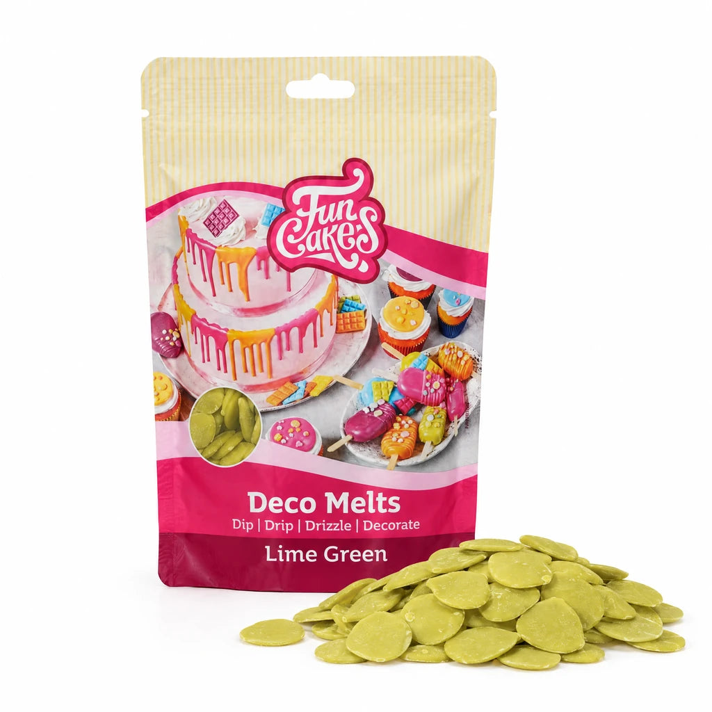 FunCakes Deco Melts -Limegrønn- 250g – forpakning med en haug flate Deco Melts foran