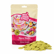 FunCakes Deco Melts -Limegrønn- 250g – forpakning med en haug flate Deco Melts foran