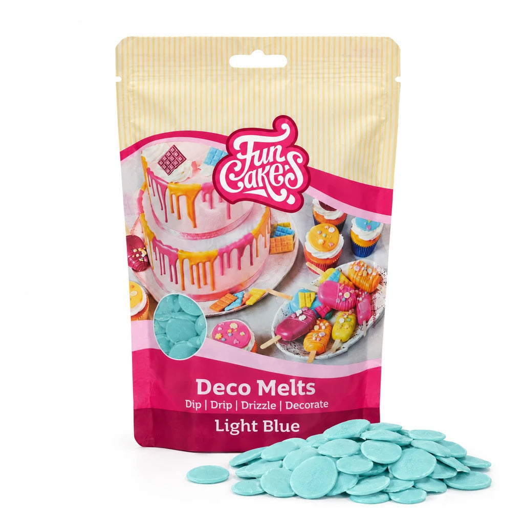 FunCakes Deco Melts -Lyseblå- 250g – forpakning med en haug flate Deco Melts foran
