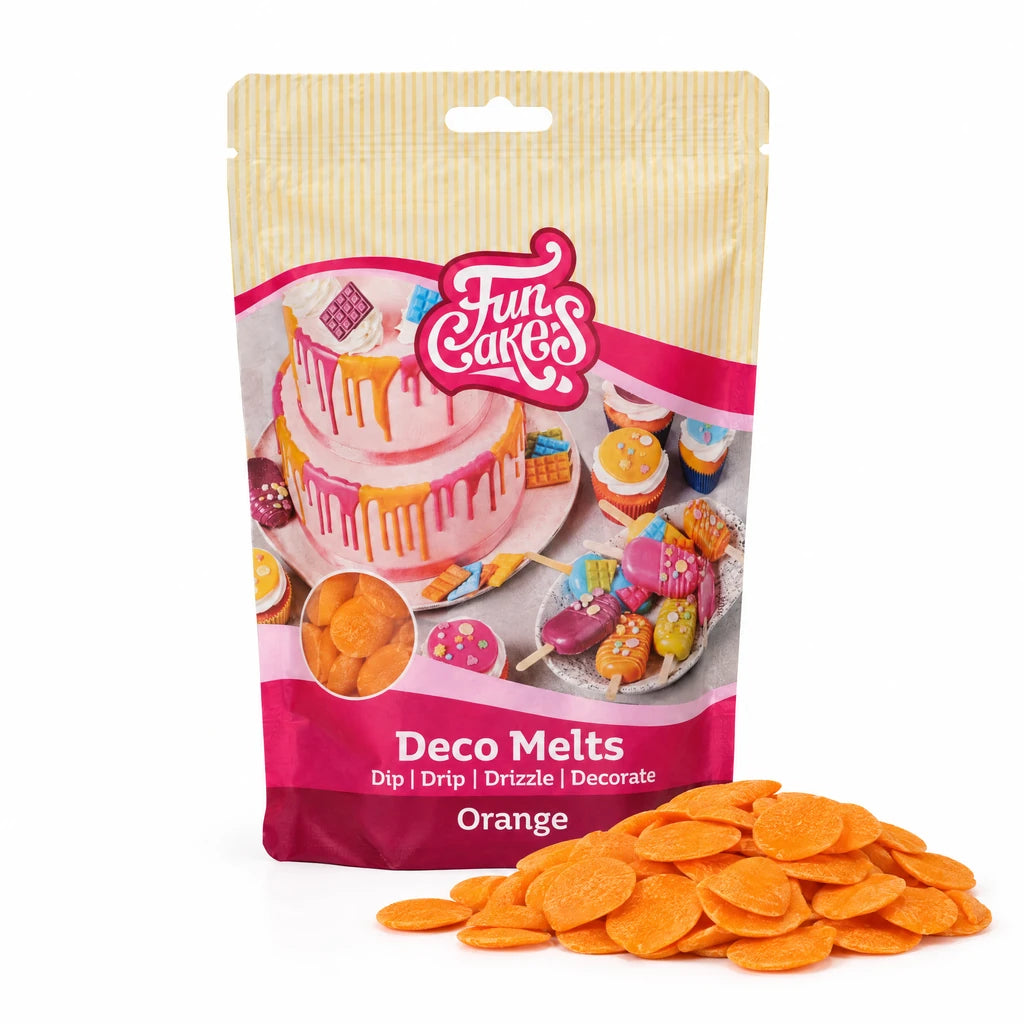 FunCakes Deco Melts -Oransje- 250g – forpakning med en haug flate Deco Melts foran