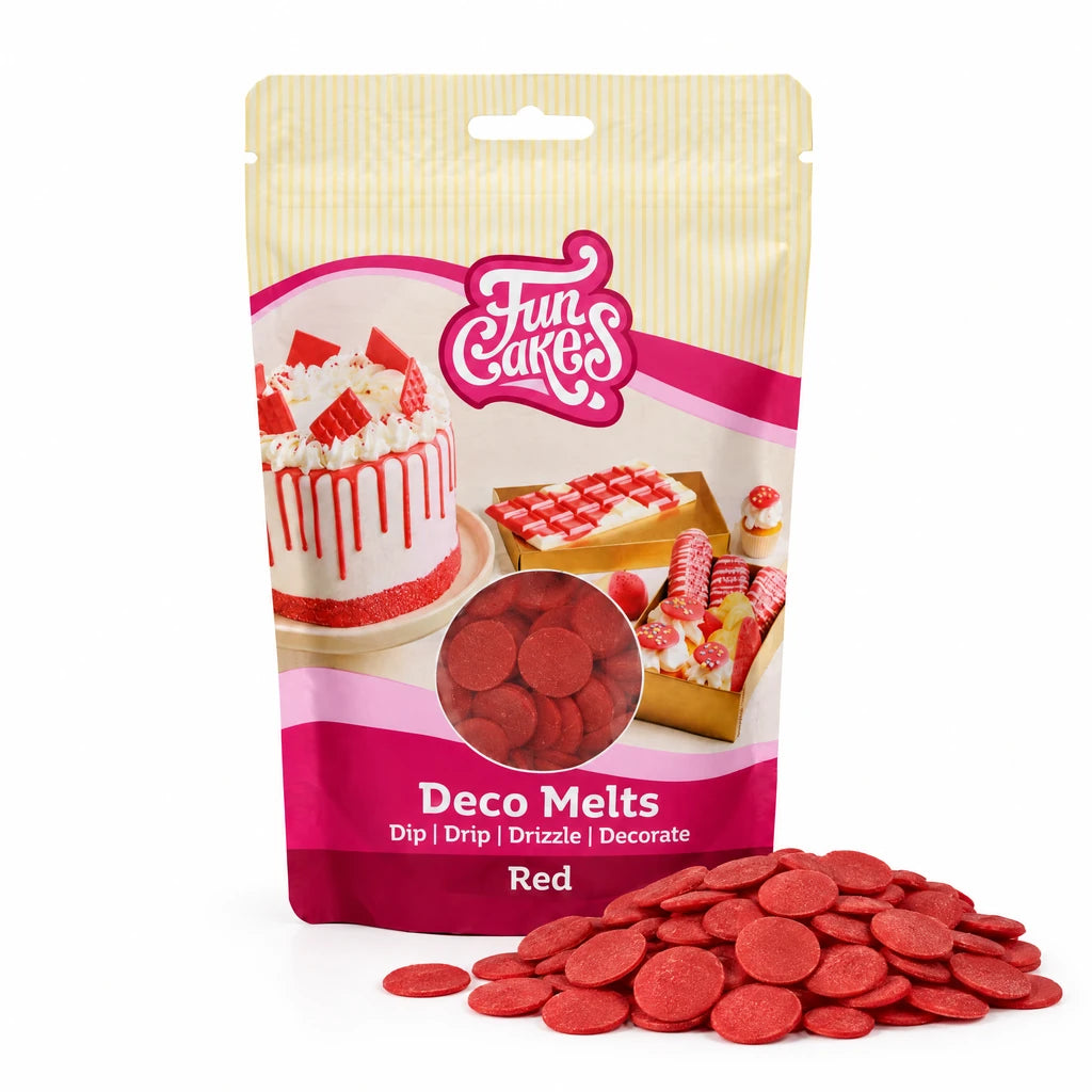 FunCakes Deco Melts -Rød- 250g – forpakning med en haug flate Deco Melts foran