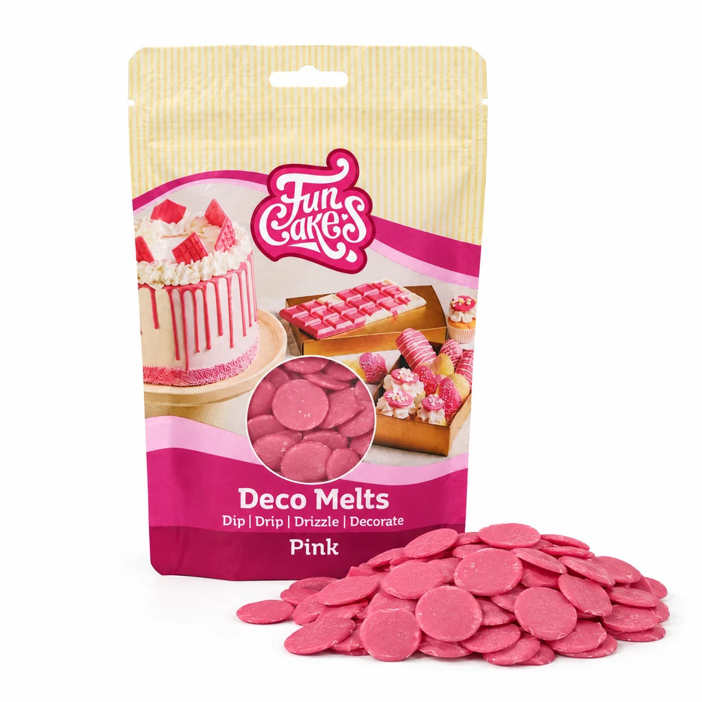 FunCakes Deco Melts -Rosa- 250g – forpakning med en haug flate Deco Melts foran