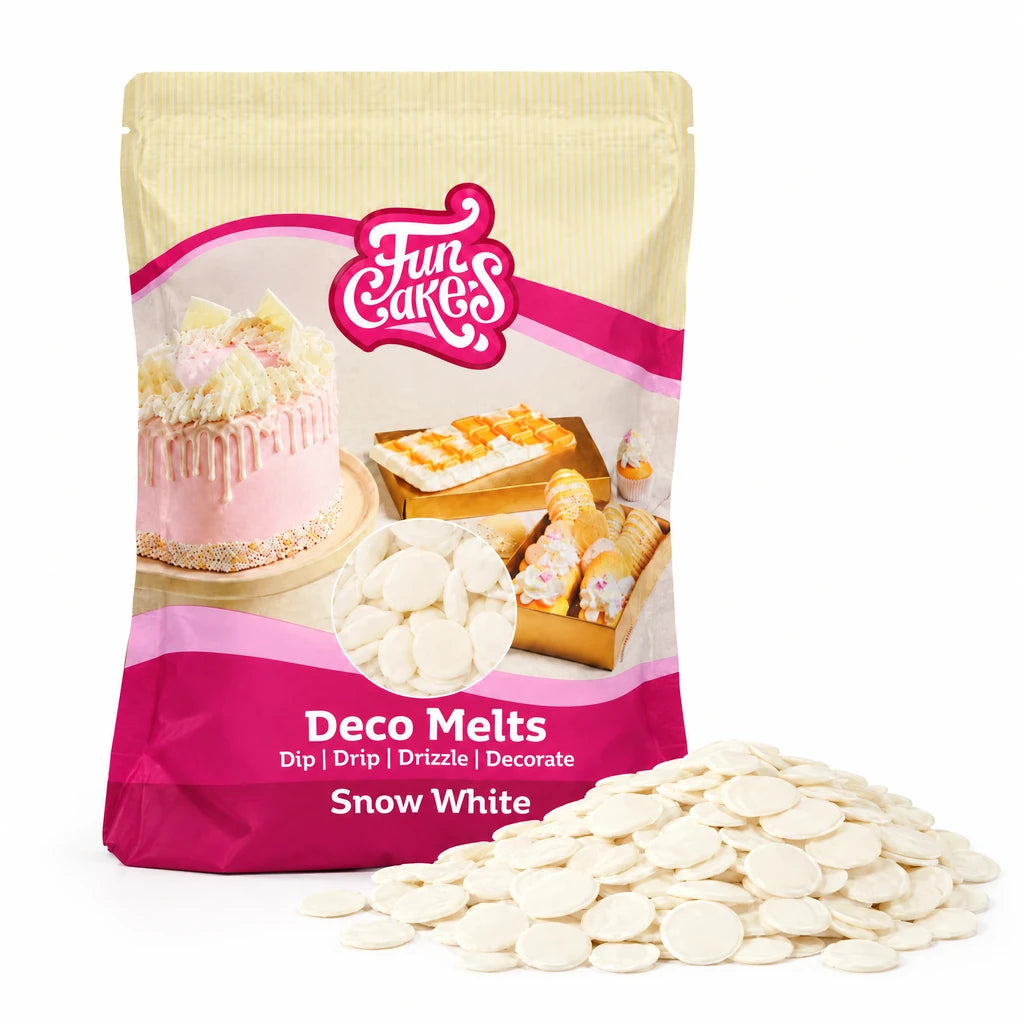 FunCakes Deco Melts -Snøhvit- 1kg – forpakning med en haug flate Deco Melts foran
