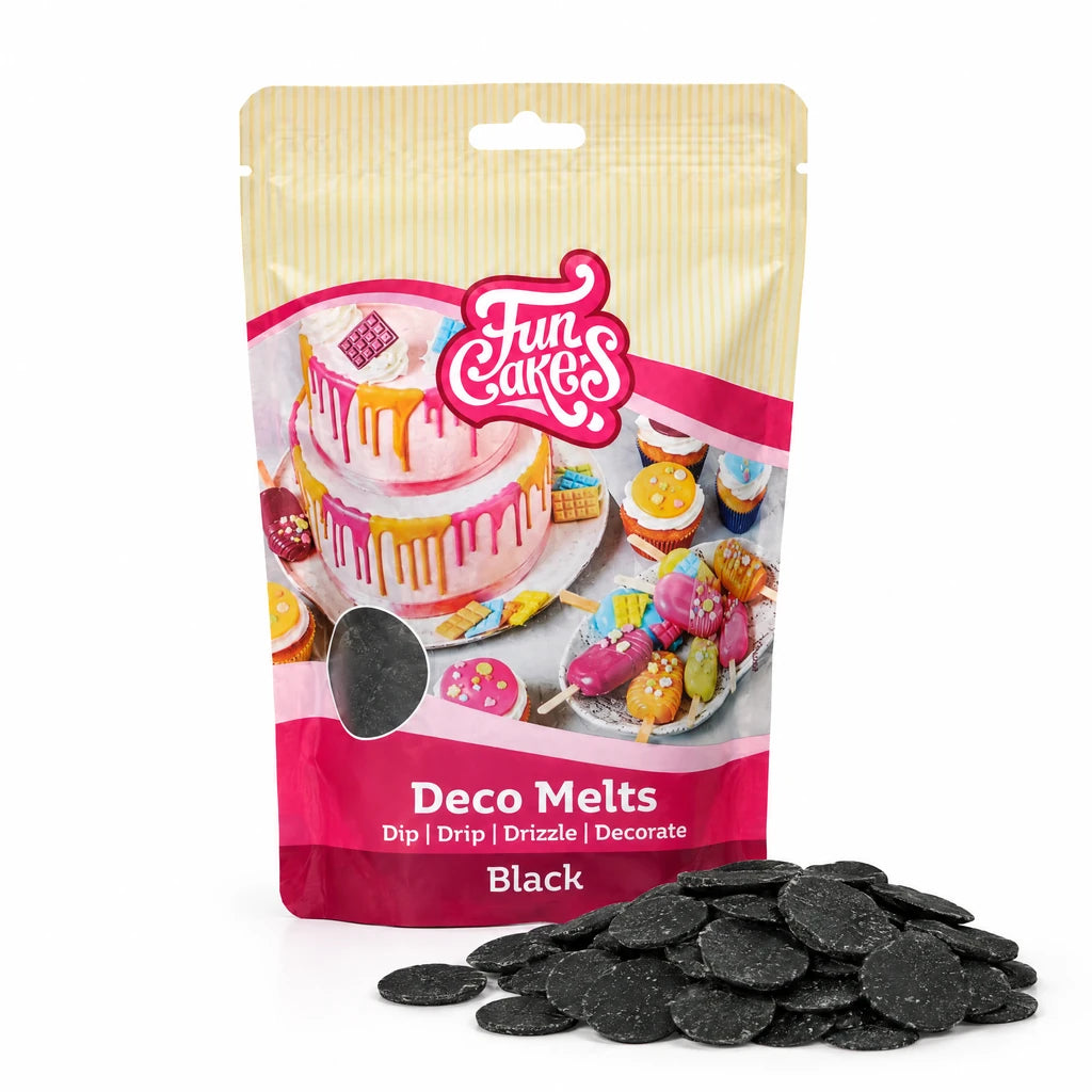 FunCakes Deco Melts -Svart- 250g – forpakning med en haug flate Deco Melts foran