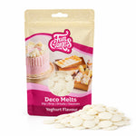 FunCakes Deco Melts Yoghurtsmak 250g – forpakning med en haug flate Deco Melts foran