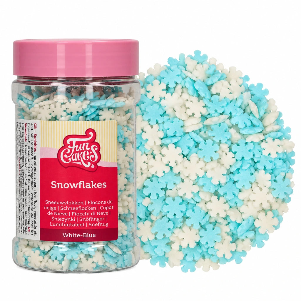 FunCakes hvite og blå snøfnugg, 150 g boks og kakestrøssel