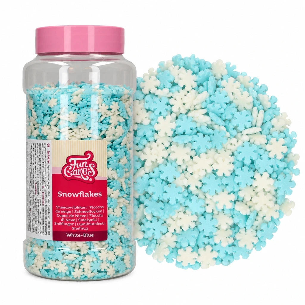 FunCakes hvite og blå snøfnugg, 450 g boks og kakestrøssel