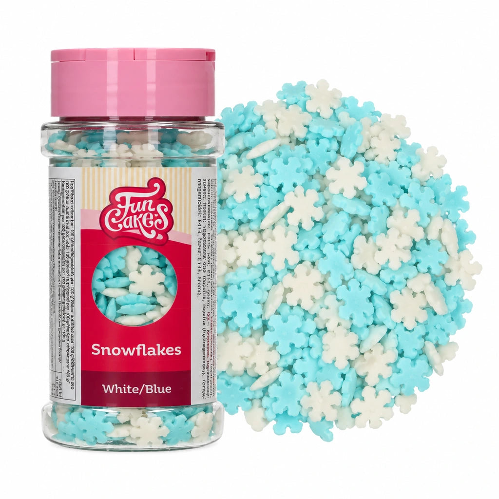 FunCakes hvite og blå snøfnugg, 50 g boks og kakestrøssel