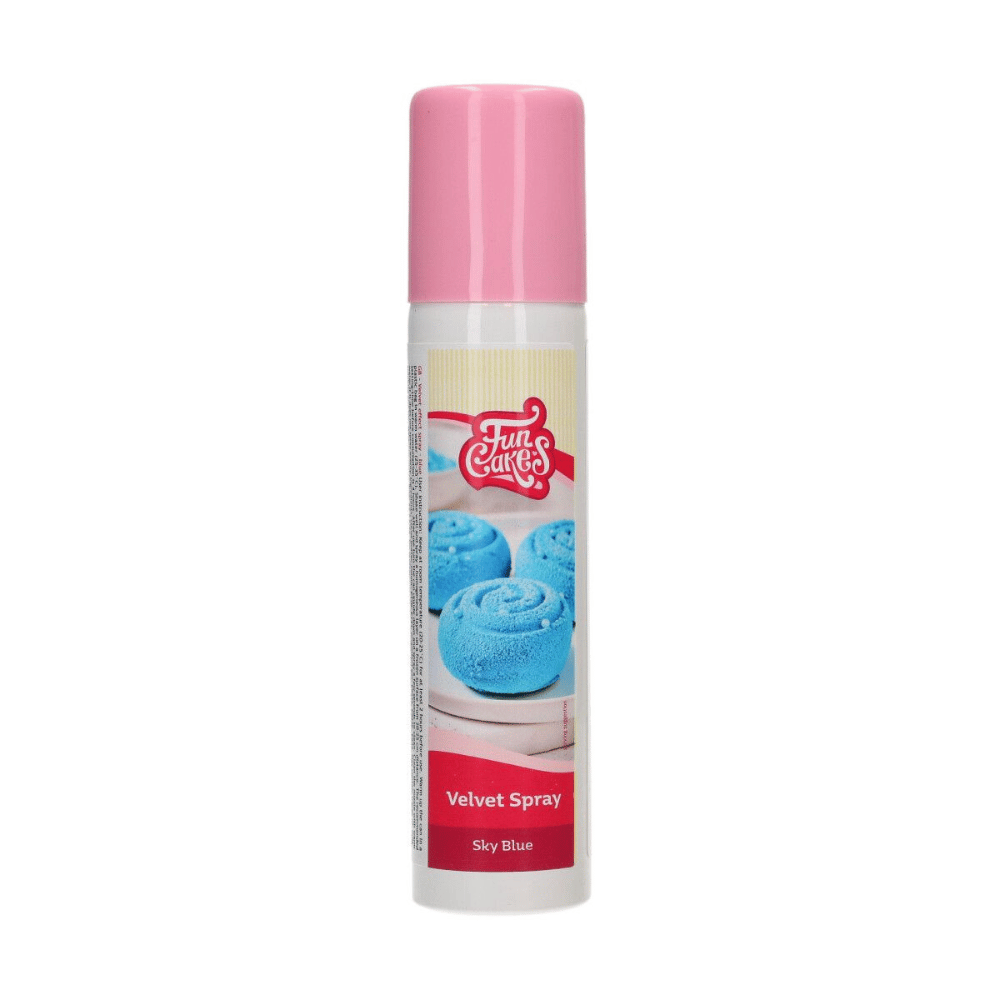 FunCakes Velvet Spray -blå- 100ml  Funcakes velvet spray i nydelig blå farge. Enklere enn dette blir det ikke å få en nydelig fløyelseffekt på dine kaker, is, eller mousser. Sprayen er i en nydelig skyblå farge.  Bruksanvisning: Oppbevar sprayboksen i romtemperatur 20-25 grader i 2 timer før bruk. Rist godt, og varm opp boksen i varmt vann mellom 25-35°C. Spray et forsiktig lag på kaken fra 20-25 