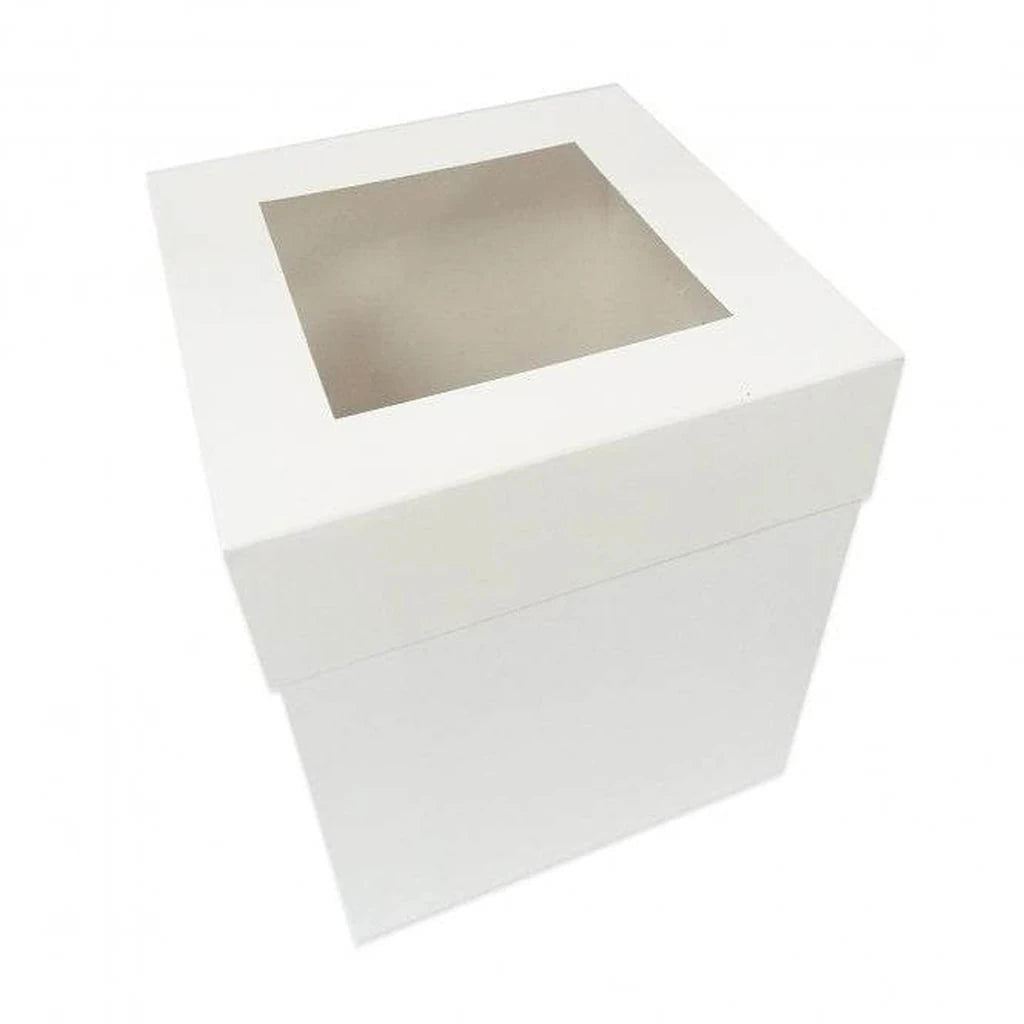 Hvit kakeeske 22x22x25 cm med vindu i lokket