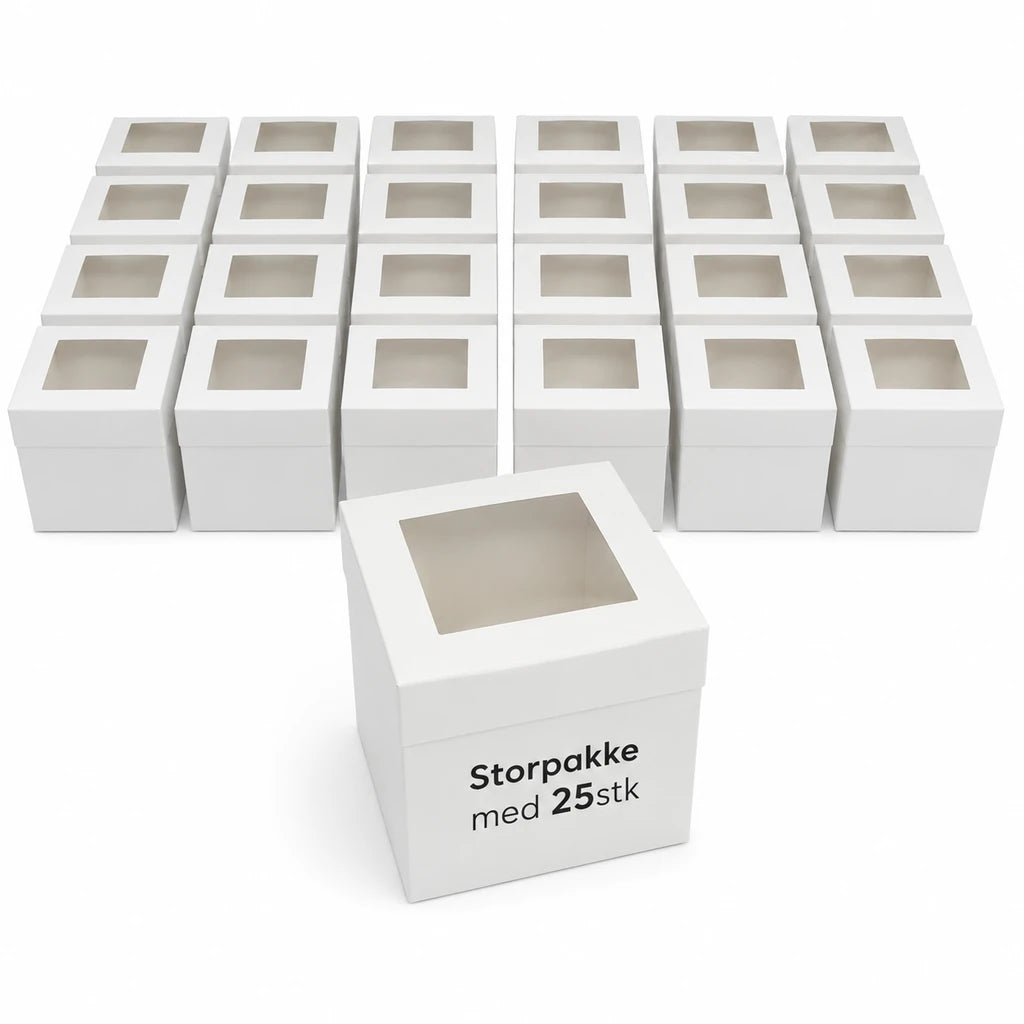 Storpakke med 25 hvite kakeesker 22x22x25 cm med vindu