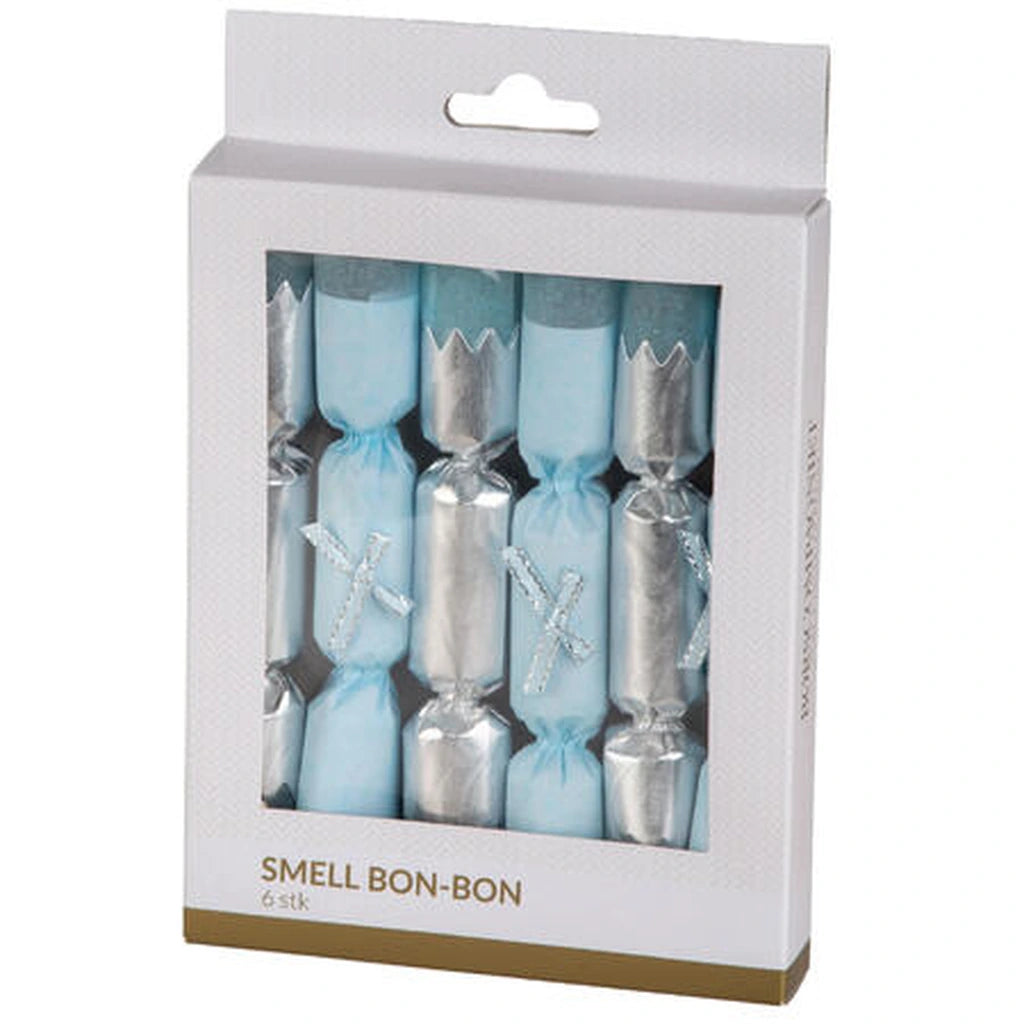 Knallbon-bon i lyseblått og sølv, pakke med 6