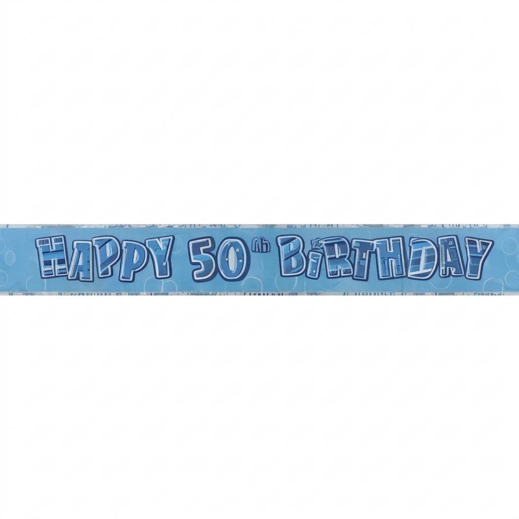 Blå foilbanner med 50 årstrykk, ca 3,6meter
