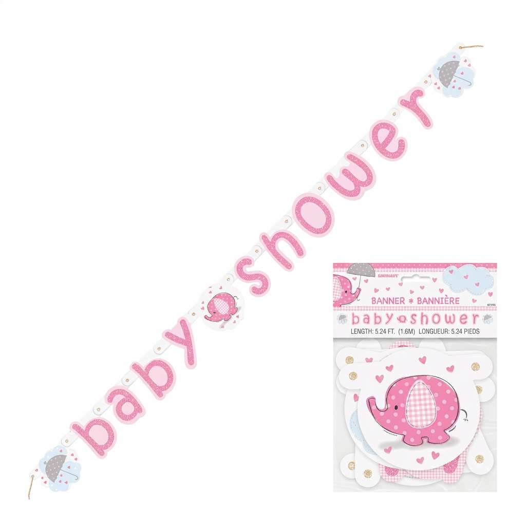 Babyshower rosa pappbanner "elefant/paraply", 1,6meter