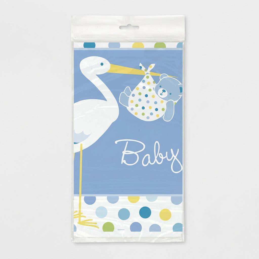 Plastduk til babyshower, blå, stork