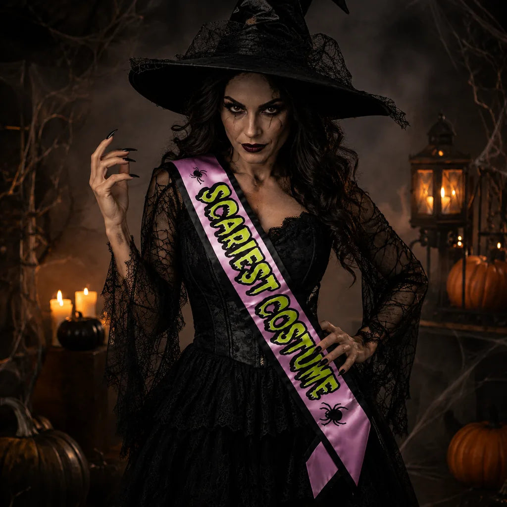 Ordensbånd med teksten Scariest Costume brukt til heksekostyme på Halloween