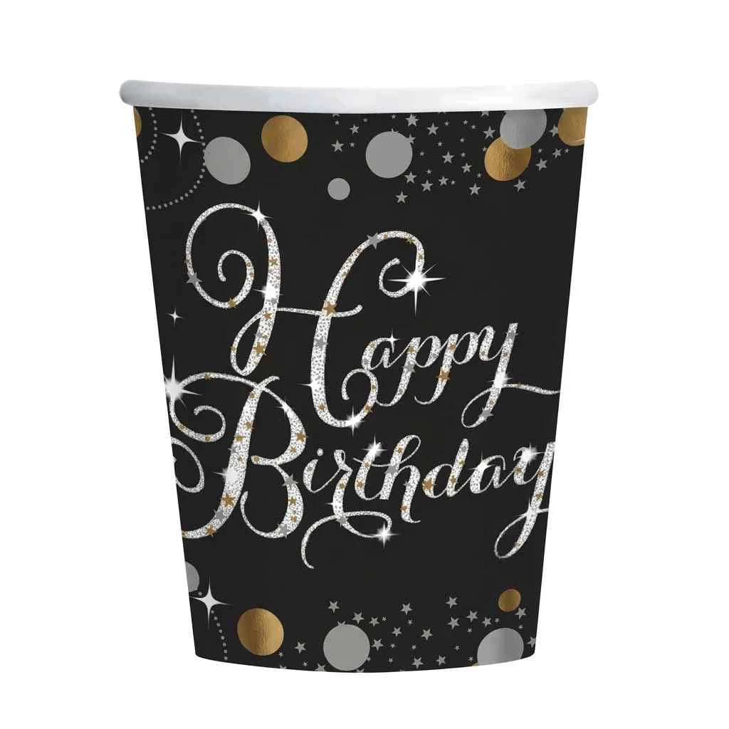 Pappkopp svart -Happy Birthday- pk/8 – produktvisning