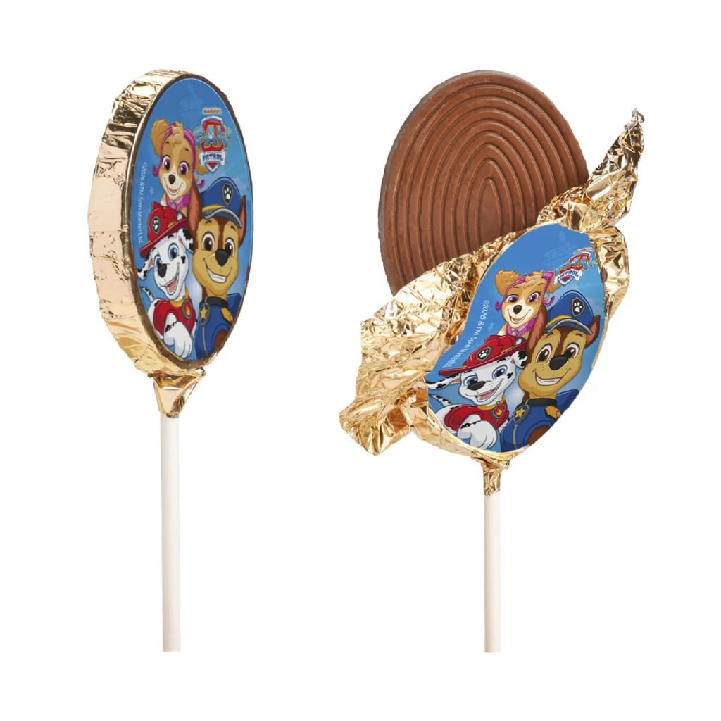 Paw Patrol lollipop i melkesjokolade 30 g – innpakket og åpnet sjokolade på pinne