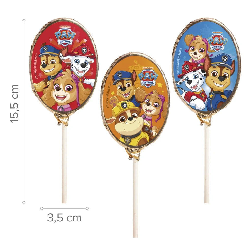 Paw Patrol lollipop i melkesjokolade 30 g – assorterte motiver med mål 15,5 x 3,5 cm