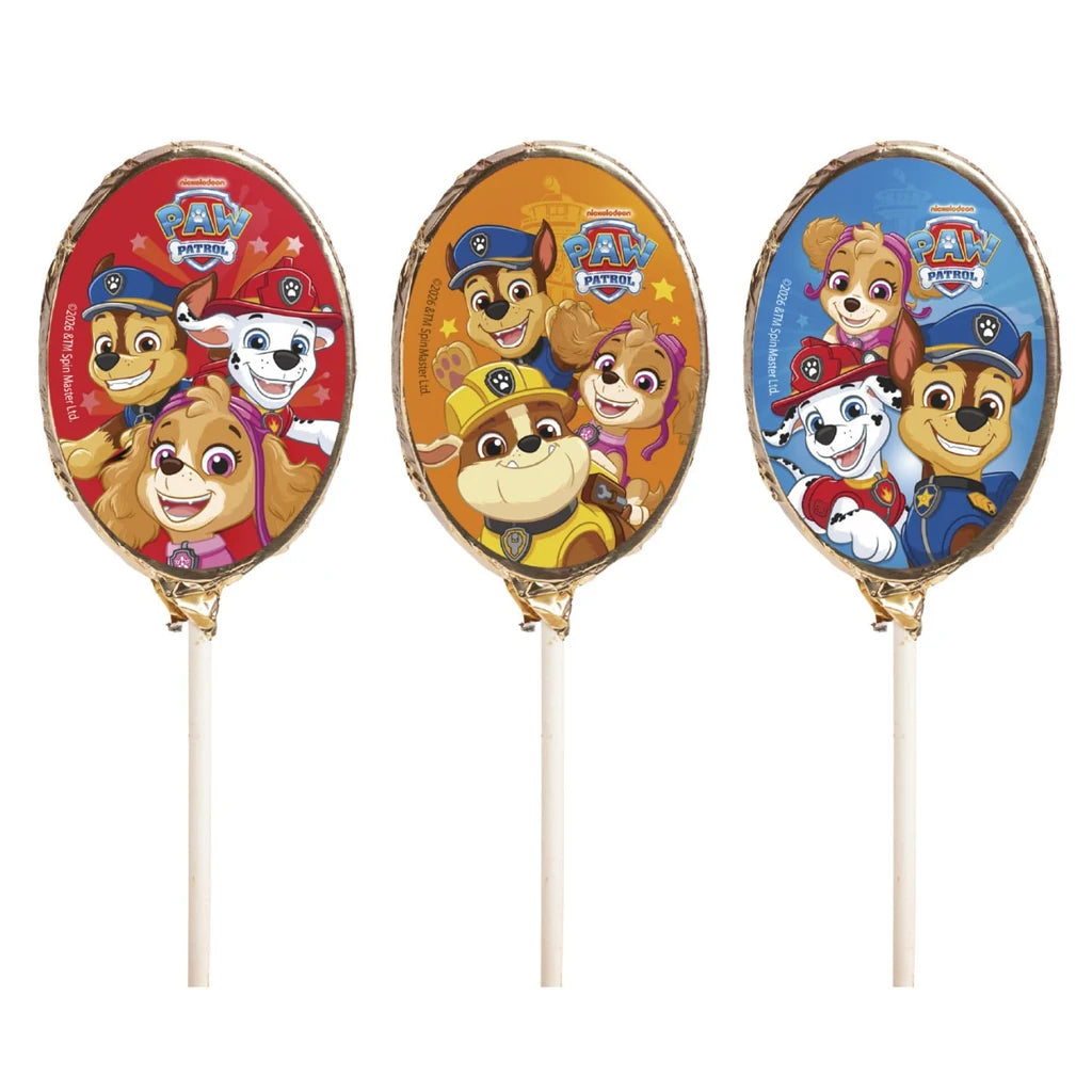 Paw Patrol lollipop i melkesjokolade 30 g – tre assorterte Paw Patrol-motiver