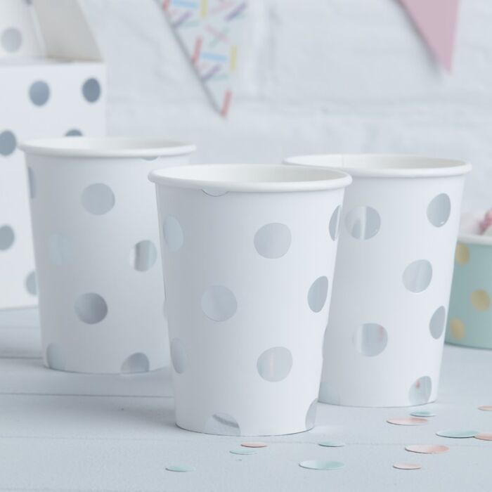 Pappkopp -Hvit med polkadotter i sølv- pk/8