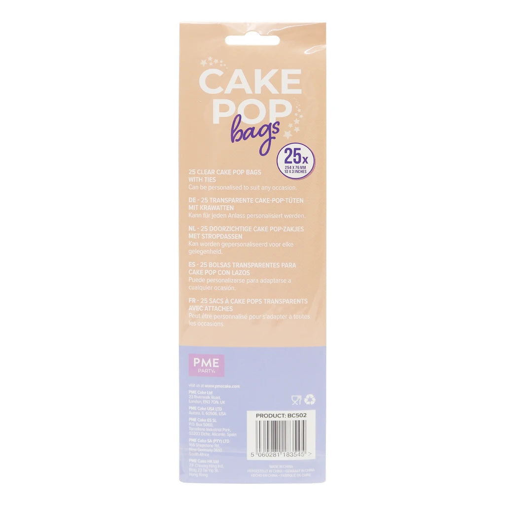Baksiden av pakningen med 25 PME cake pop-poser, BC502
