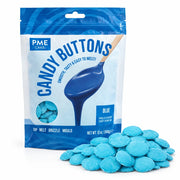 PME Candy Buttons Blå, 340g – pose med en haug smelteknapper foran