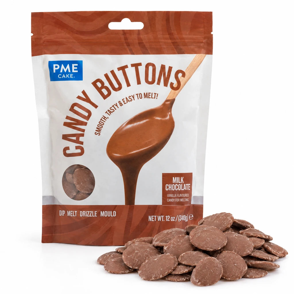 PME Candy Buttons Brun, 340g – pose med en haug smelteknapper foran