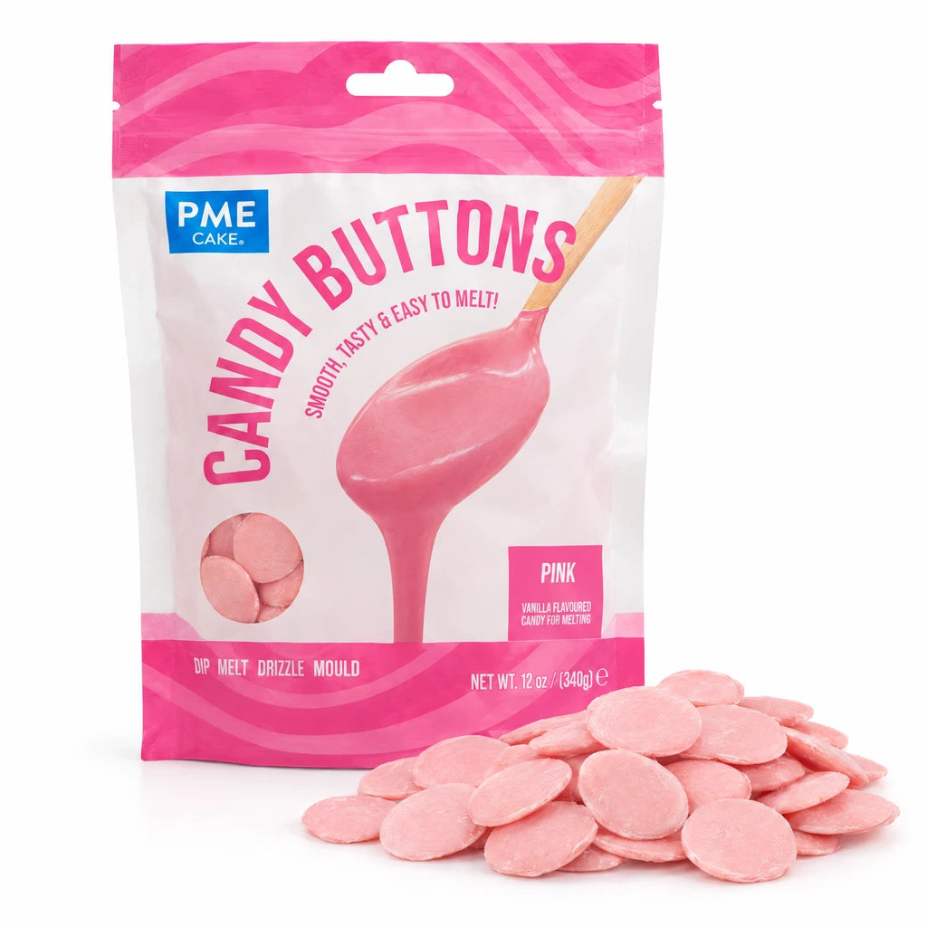 PME Candy Buttons Rosa, 340g – pose med en haug smelteknapper foran