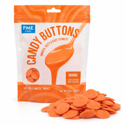 PME Candy Buttons Oransje, 340g – pose med en haug smelteknapper foran
